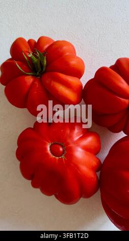 Fresh heirloom tomatoes arranged on a light background, highlighting their distinctive shapes, vibrant red color and natural details. Stock Photo
