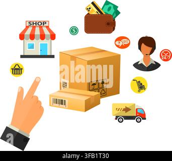 Internet Online Shopping Infographic with Realistic 3D and Flat Icons for e-commerce, Box and Hand. Vector illustration. Stock Vector