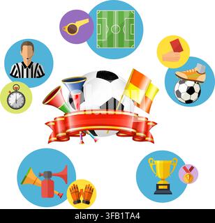 Football Infographics with Soccer Ball and Attributes Icons. 3D Realistic and Flat icons such as referee, trophy, red card. Can be used for flyer, pos Stock Vector
