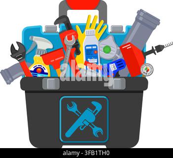 Plumbing Service Concept with Plumber Tools and Toolbox flat Icons in hand plumbing. Isolated vector illustration. Stock Vector