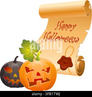 Halloween concept with pumpkin and parchment, isolated on white background, vector illustration Stock Vector