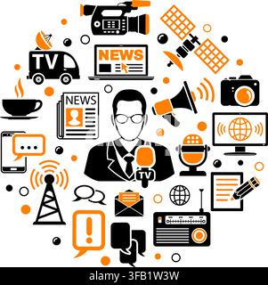 Media and News Vector Concept with Icon set in two color such as Journalist Microphone Newspaper Camera Satellite laptop. Isolated vector illustration Stock Vector