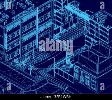 Abandoned factory blueprint with detailed architectural contours, windows, support poles, and structural elements on a classic technical drawing blue Stock Vector