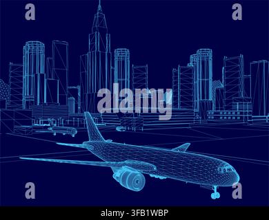 A passenger airplane ascends over a modern city skyline, leaving the airport runway behind against a clear blue sky. Stock Vector