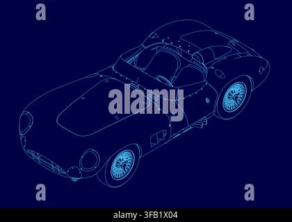 Blueprint of a classic sports car in retro contour style on a solid blue background. Isometric view Stock Vector