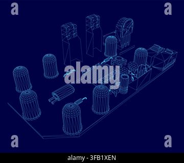 A 3D wireframe model of a factory interior, displayed on a computer board against a blue background with overlaid technical blueprints. Stock Vector