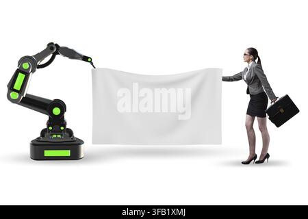 Business people and empty poster supported by robotic arms Stock Photo