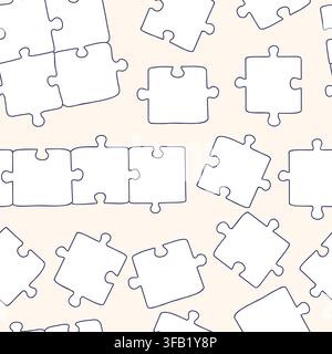 Jigsaw Puzzle Pieces Seamless Pattern. Game Strategy Teamwork Partnership Integration Problem Solving Smart Idea Doodle Texture. Line Art Hand Drawn Stock Vector