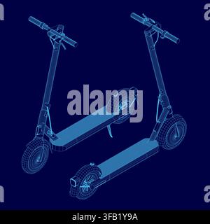 Blueprint wireframe of two sleek electric scooters with wheels and handlebars on a contrasting blue background. Isometric view Stock Vector