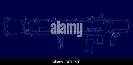 Detailed blueprint of a hand-held grenade launcher, showing its mechanical contour and internal components against a stark blue background. Stock Vector