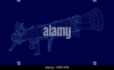 A detailed 3D wireframe model of a hand-held grenade launcher blueprint on a blue background. The intricate lines and curves create a realistic techni Stock Vector