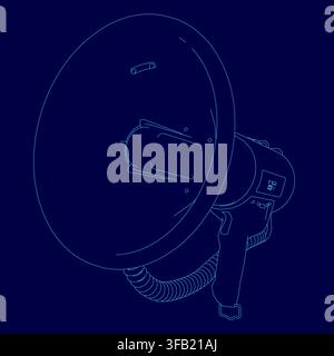 A detailed blue contour drawing of a megaphone, with a hose attached to its structure. Stock Vector