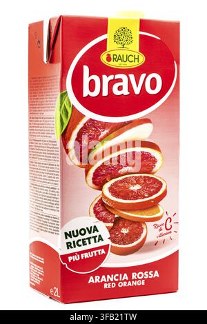 Bravo Arancia Rossa red orange juice carton by Rauch isolated on white background, Italian fruit juice packaging with sliced blood oranges, vitamin C Stock Photo