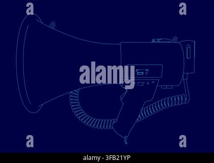 A blue megaphone with a cord lies on a dark blue background, its clean contour creating a bold graphic silhouette. Stock Vector
