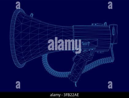 A detailed wireframe megaphone illustration stands out against a solid blue background. The clean white lines and technical drawing style create a mod Stock Vector