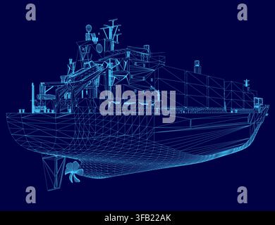 A detailed 3D wireframe model of a large container ship floats on a solid blue background. Its complex structure is defined by numerous interconnected Stock Vector