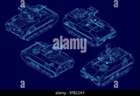 Four military tanks in a wireframe blueprint set on a blue background. The vehicles are arranged in a triangular formation with the largest central un Stock Vector