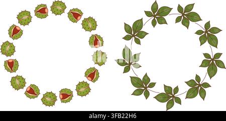 Autumn Chestnut Circle Wreath Frame Set. Botanical Leaves and Nuts In Spiky Green Husks. Round Blank Template for Postcard, Text Space and Harvest Stock Vector