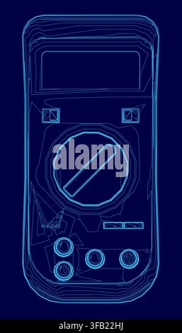 A blue contour drawing of a handheld game console shaped like a vintage tape recorder sits on a dark blue background. The rectangular device features Stock Vector