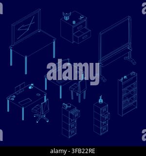 A wireframe office interior prop pack features a desk, chair, and cupboard on a clean blue background for design mockups. Isometric view Stock Vector