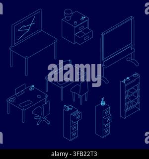 A minimalist office furniture prop pack with desk and chair outlines in blue on a dark background. This contour interior set is ideal for design proje Stock Vector