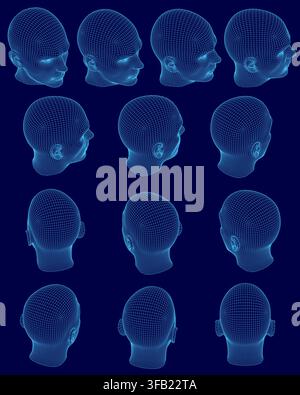 A set of realistic blue wireframe male character heads arranged in a grid pattern. Each head has a unique shape and size against a contrasting blue ba Stock Vector