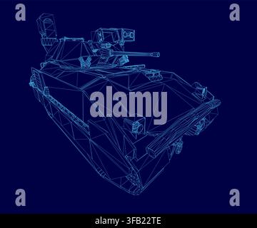 Low poly military tank wireframe model with geometric shapes and clean lines. The 3D vehicle design sits isolated on a solid blue background. Stock Vector