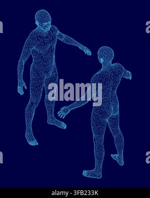 Realistic male wireframe characters stand side by side on a stark blue background. Intricate 3D mesh design features geometric shapes and connecting l Stock Vector