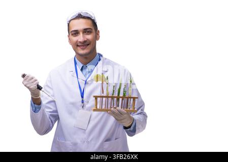 The young male chemist in front of a white background Stock Photo