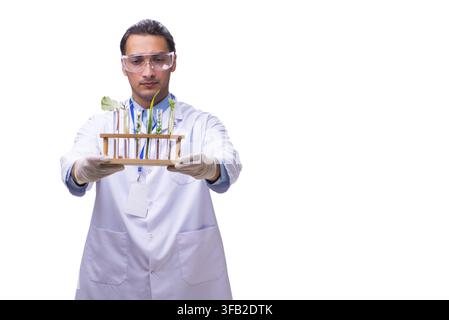 The young male chemist in front of a white background Stock Photo