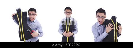 The funny male tailor on white Stock Photo