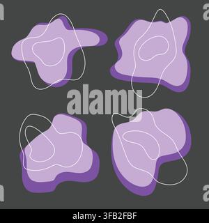 A set of purple abstract shapes with modern geometric white lines isolated on dark background, vector illustration. Stock Vector