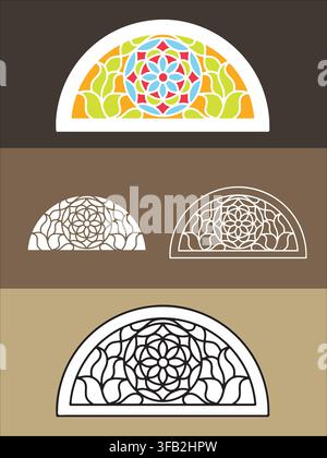 Traditional Yemeni stained colored glass qamariya, geometric pattern, vector illustration. Stock Vector