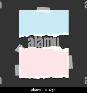 Torn blue and pink papers and tapes with space for text or image isolated on dark background, paper sheet with ripped edges, vector illustration. Stock Vector