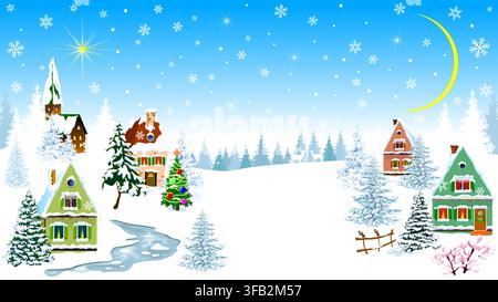 A village on a winter night on Christmas Eve. Winter village landscape. Small houses covered in snow. Snowflakes in the night sky. A Christmas winter Stock Vector