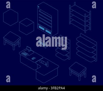 Isometric furniture set for a store or supermarket, featuring tables and racks as props on a blue background with clean contour lines. Isometric view Stock Vector