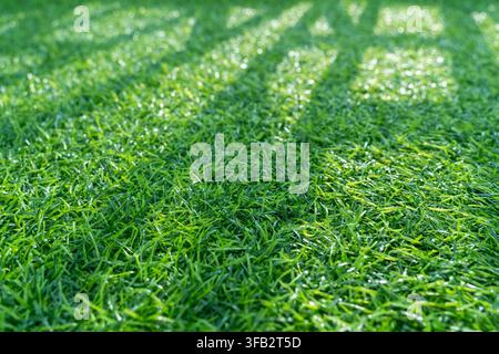 Close-up of lush green artificial grass with dense synthetic blades, creating a vibrant turf texture and seamless background. Stock Photo