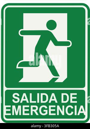 Green emergency exit sign with running figure and spanish text salida de emergencia guides people to safety in danger. Stock Vector
