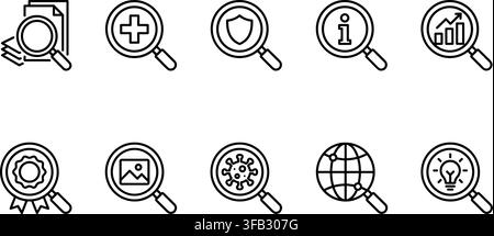 Magnifying glass line icons set on transparent background showing different search symbols and analytic analysis graphics. Stock Vector