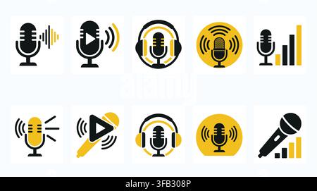 Microphone icon set showcasing black audio equipment silhouettes with yellow sound waves for podcasting radio and recording. Stock Vector