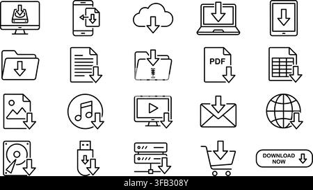 Minimalist digital download vector icons set in black thin line style for technology websites and online file transfers. Stock Vector
