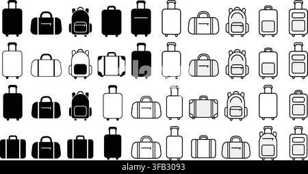 Luggage and baggage vector outline and solid icons set showing travel suitcases backpacks and duffel bags in black color. Stock Vector