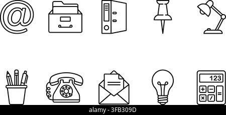 Office supplies and stationery line icons collection showing typewriter telephone files lamp bulb calculator and email. Stock Vector
