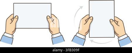 People hands holding paper sheets in horizontal and vertical positions with simple flat vector design for business mockups. Stock Vector