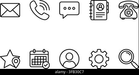 Office contact outline icons featuring classic telephone envelope phone call message calendar schedule gear and magnifier. Stock Vector