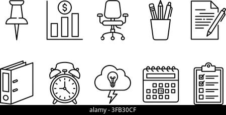 Office workflow icons outline set in black line art style for administrative business tasks and time management designs. Stock Vector