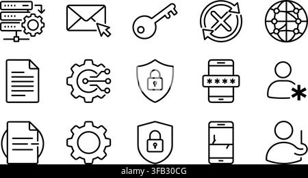 Network database security thin line icons of server key lock shield login details smartphone code user profile setting. Stock Vector