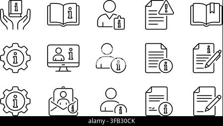 Informational document and user guide outline icon collection including manual book person detail and research form set. Stock Vector