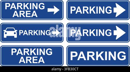 Parking signs collection in dark blue color featuring arrows and car symbols for vehicle navigation and space allocation. Stock Vector