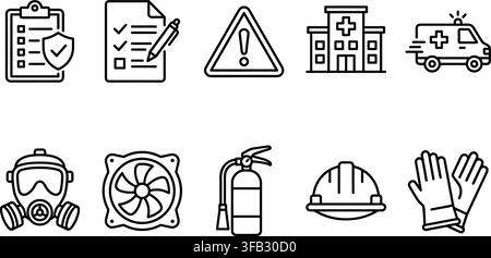 Outline health and safety icons set with medical building ambulance hazard warning and protective equipment for workplaces. Stock Vector